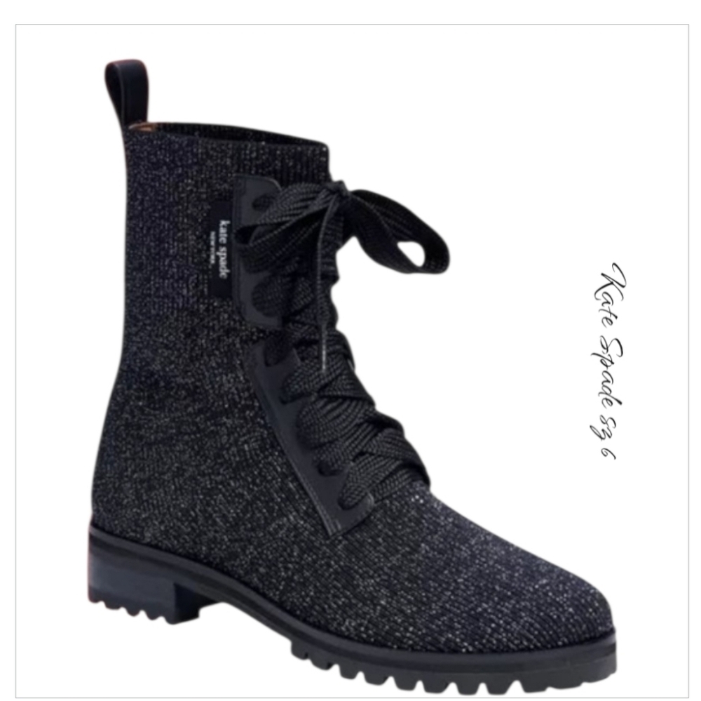 Kate Spade Merigue Black Glitter Knit Combat Boots Lug Sole 6 New